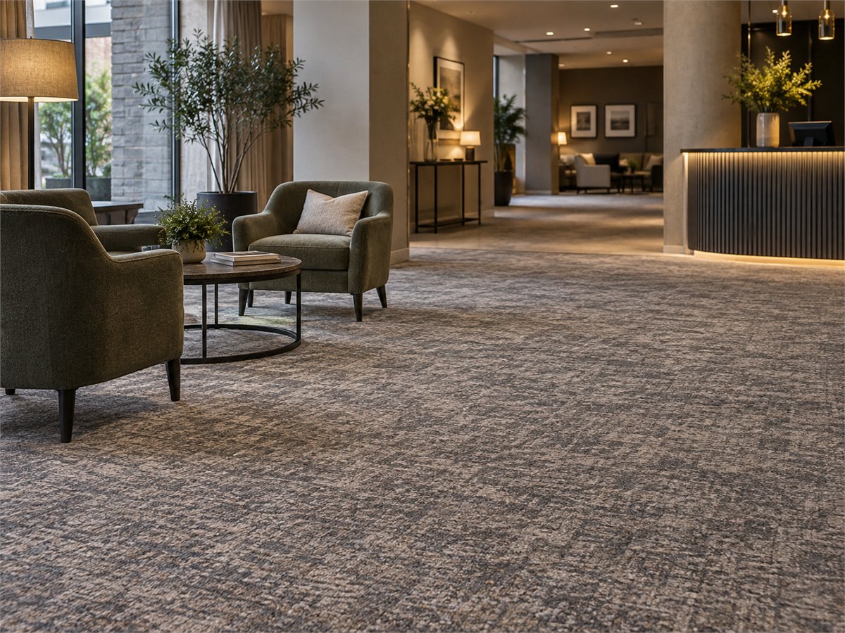 Hotel lounge and reception area with textured fitted carpet