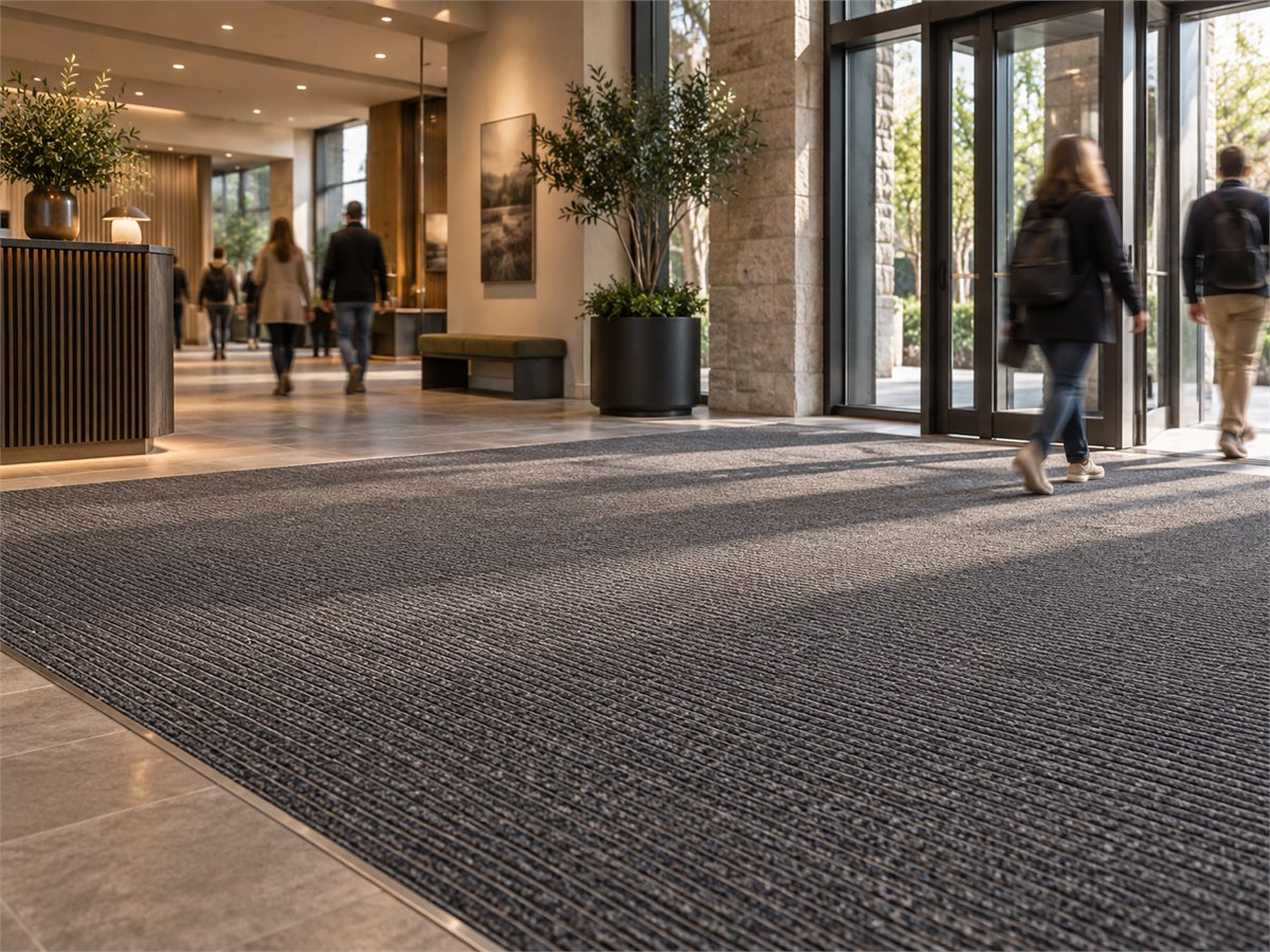 Busy public entrance with ribbed entrance matting running into a carpeted foyer