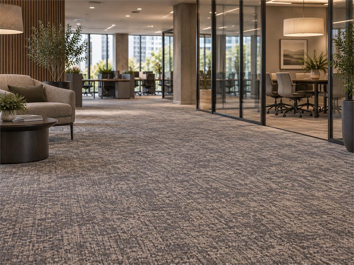 Open-plan office with glazed meeting rooms and carpet tile flooring