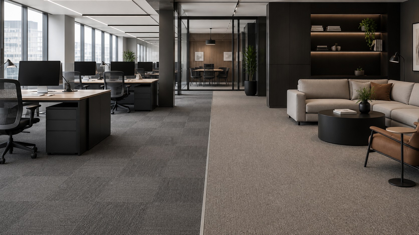 Modular carpet tiles fitted in an open-plan office