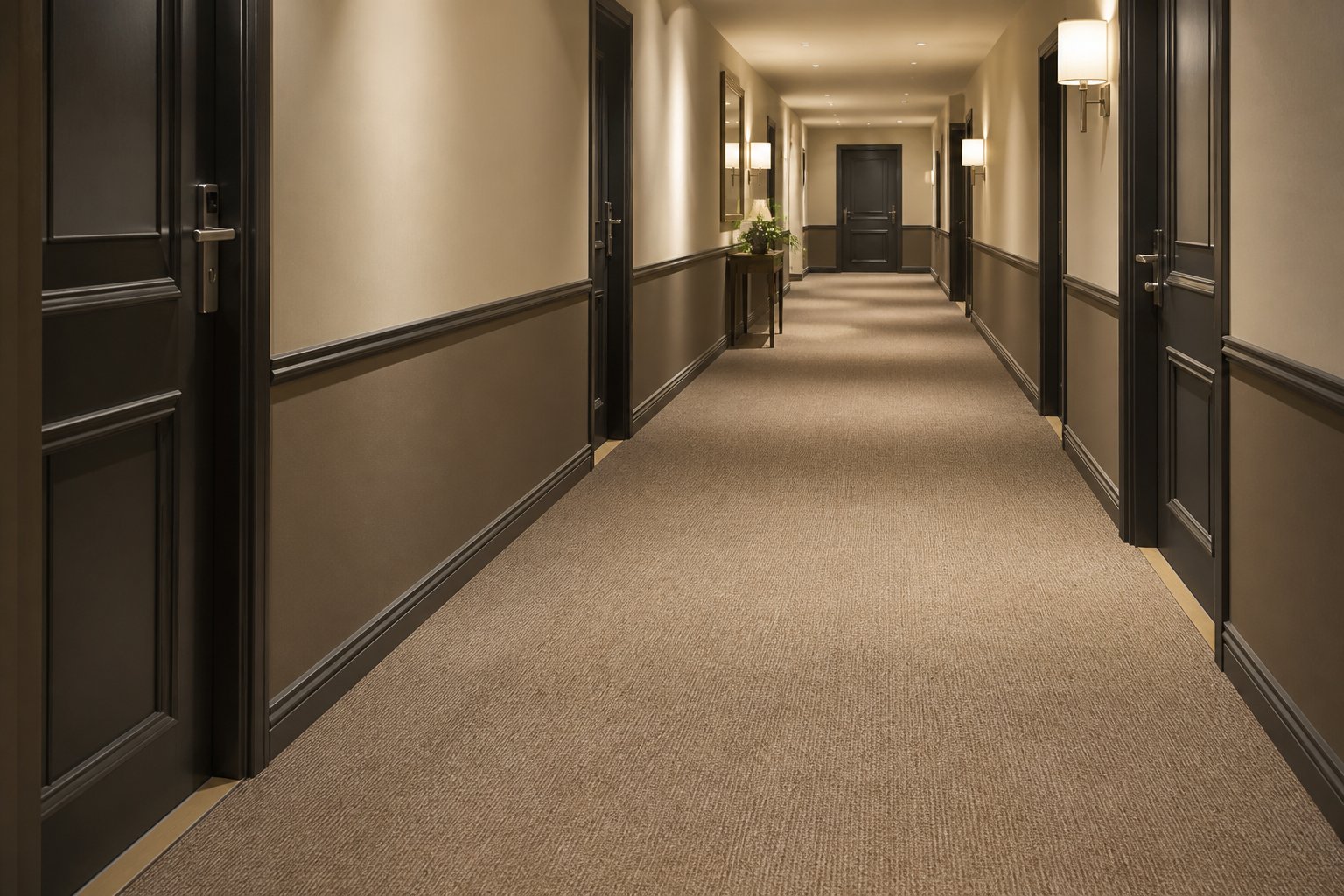 Continuous contract carpet in a hospitality corridor