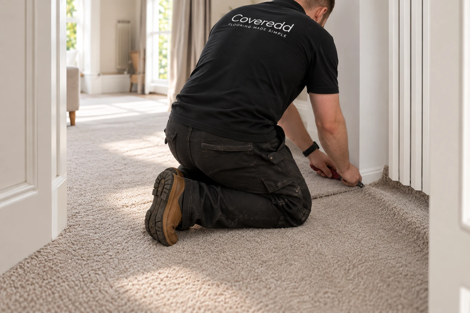 Coveredd fitter trimming a newly laid carpet against a skirting board