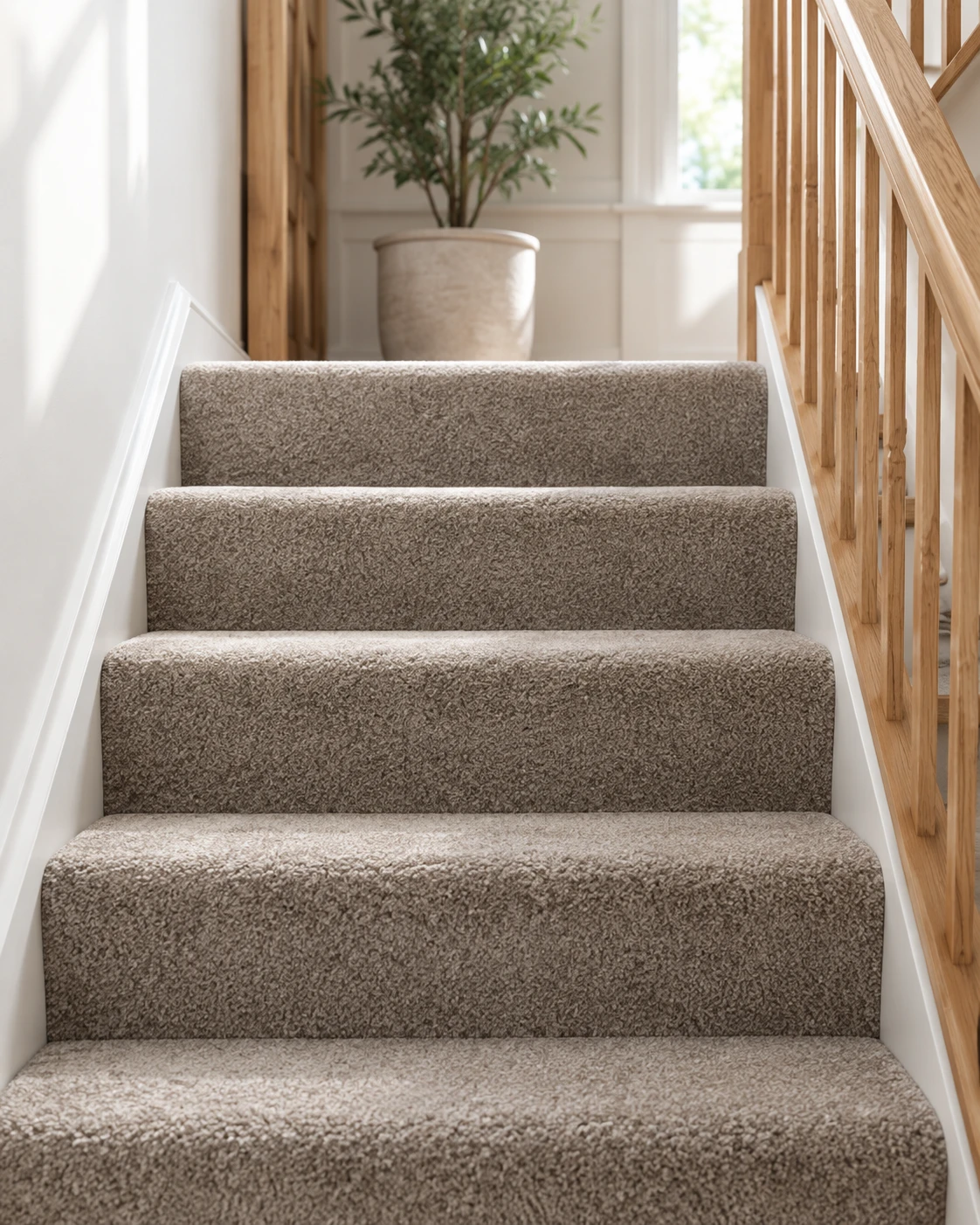 Carpet fitted neatly over a flight of stairs beside an oak handrail