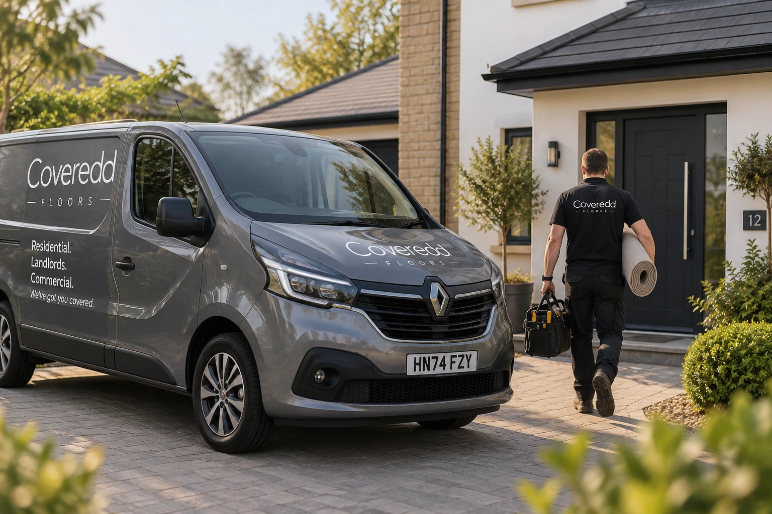 Coveredd fitter carrying a rolled carpet from the branded van to a customer's front door