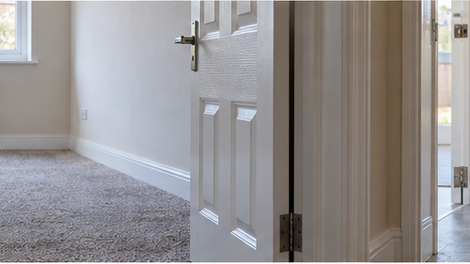 Neutral carpeted rental room with a practical hard floor visible through the adjoining doorway