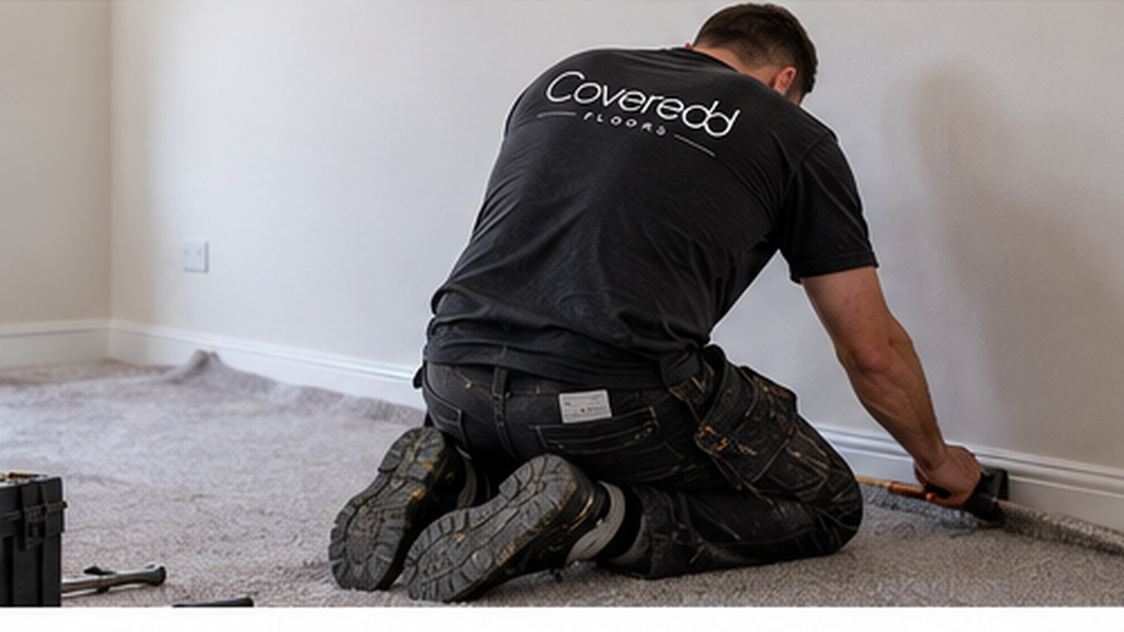 Flooring fitter installing neutral carpet in an empty residential room