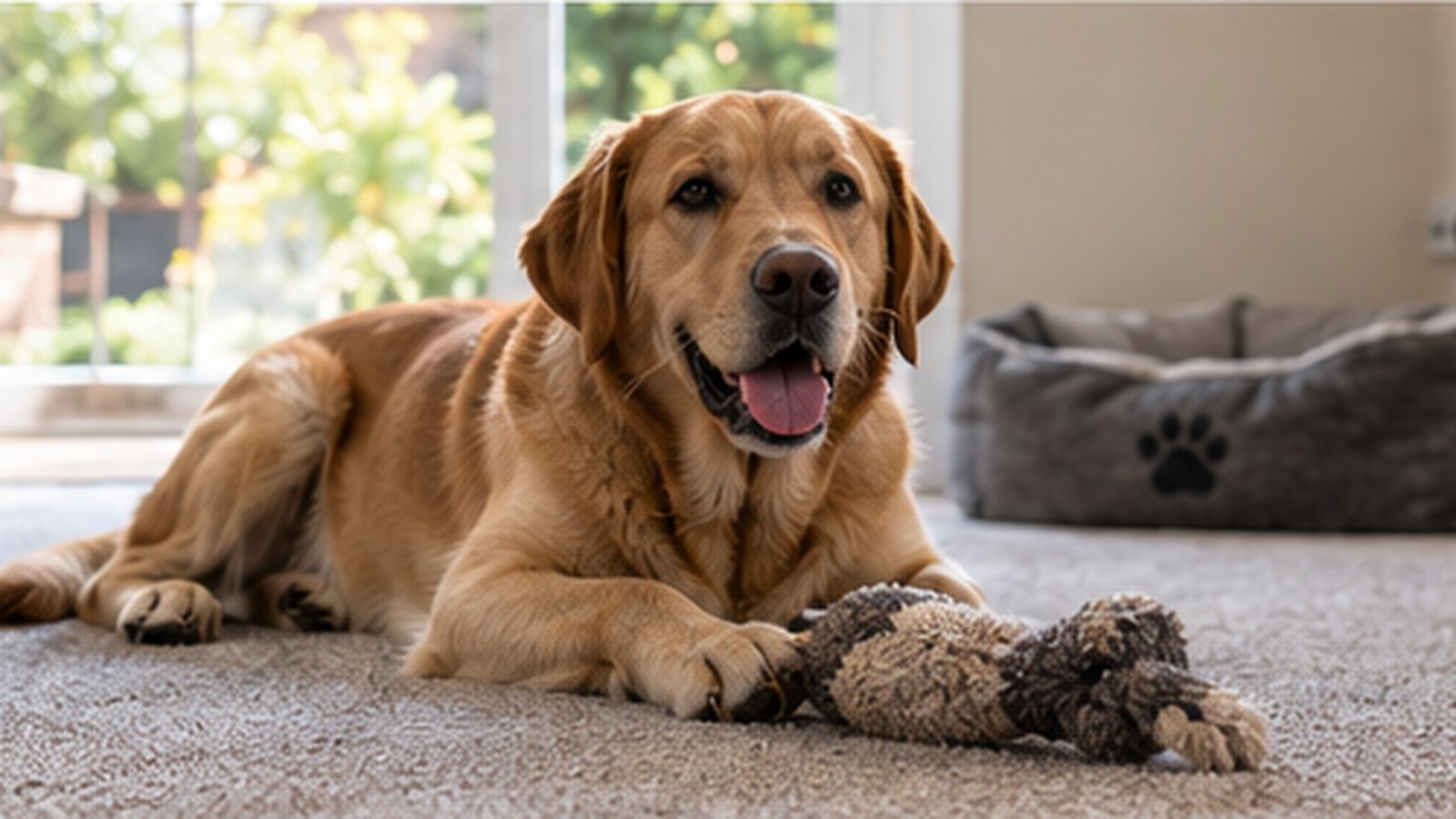 Labrador resting on practical neutral carpet in a lived in home