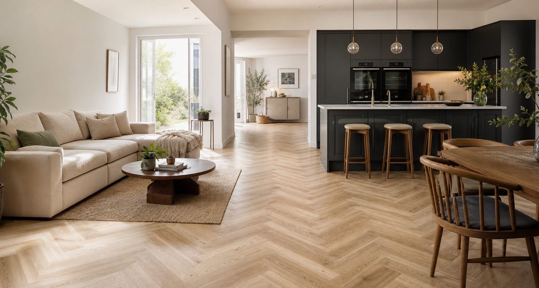 Illustrative residential interior with herringbone flooring