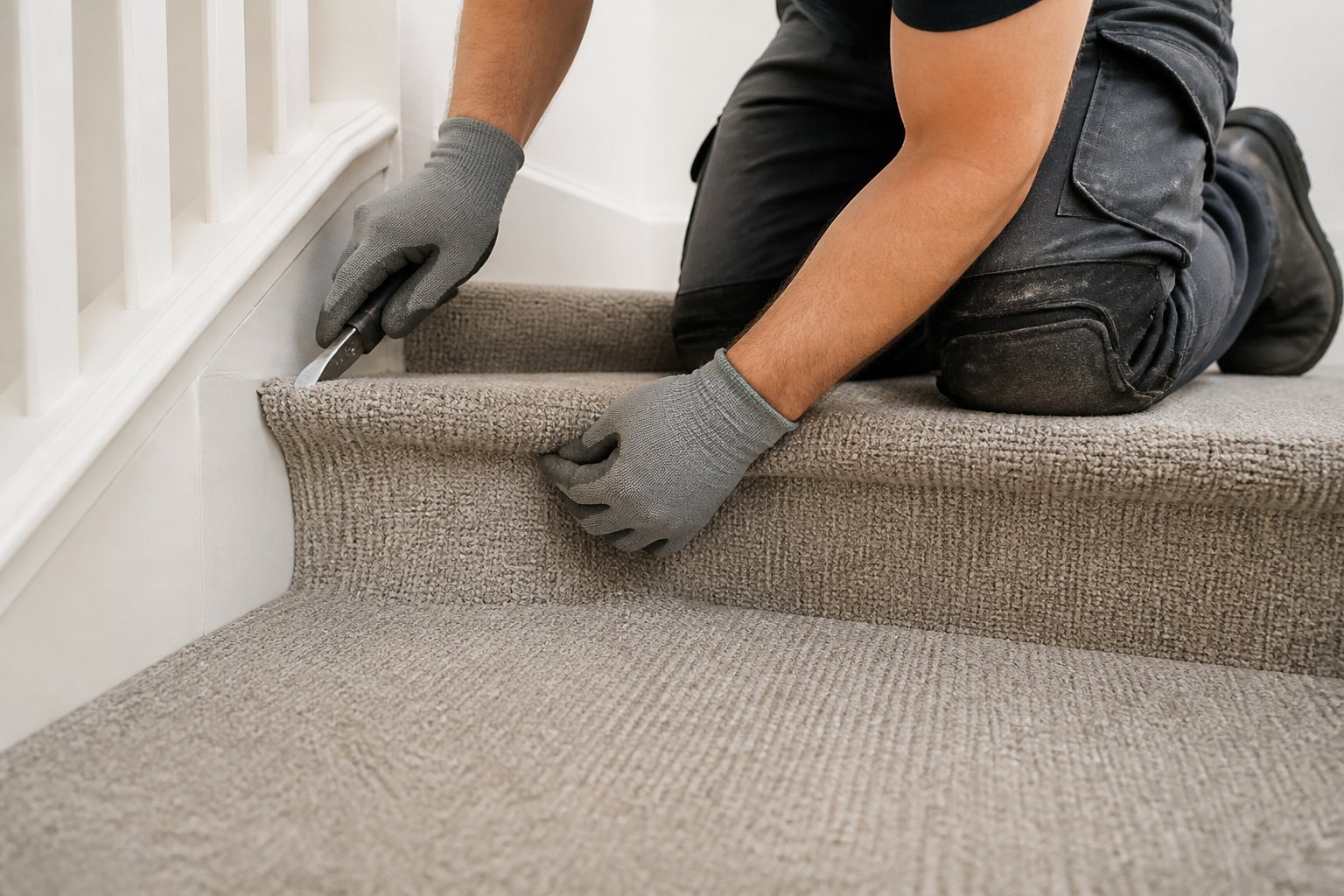 Full-width stair carpet being trimmed and tucked neatly