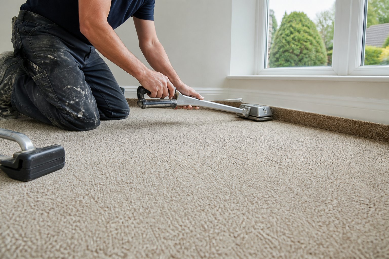 Carpet being stretched and fitted professionally