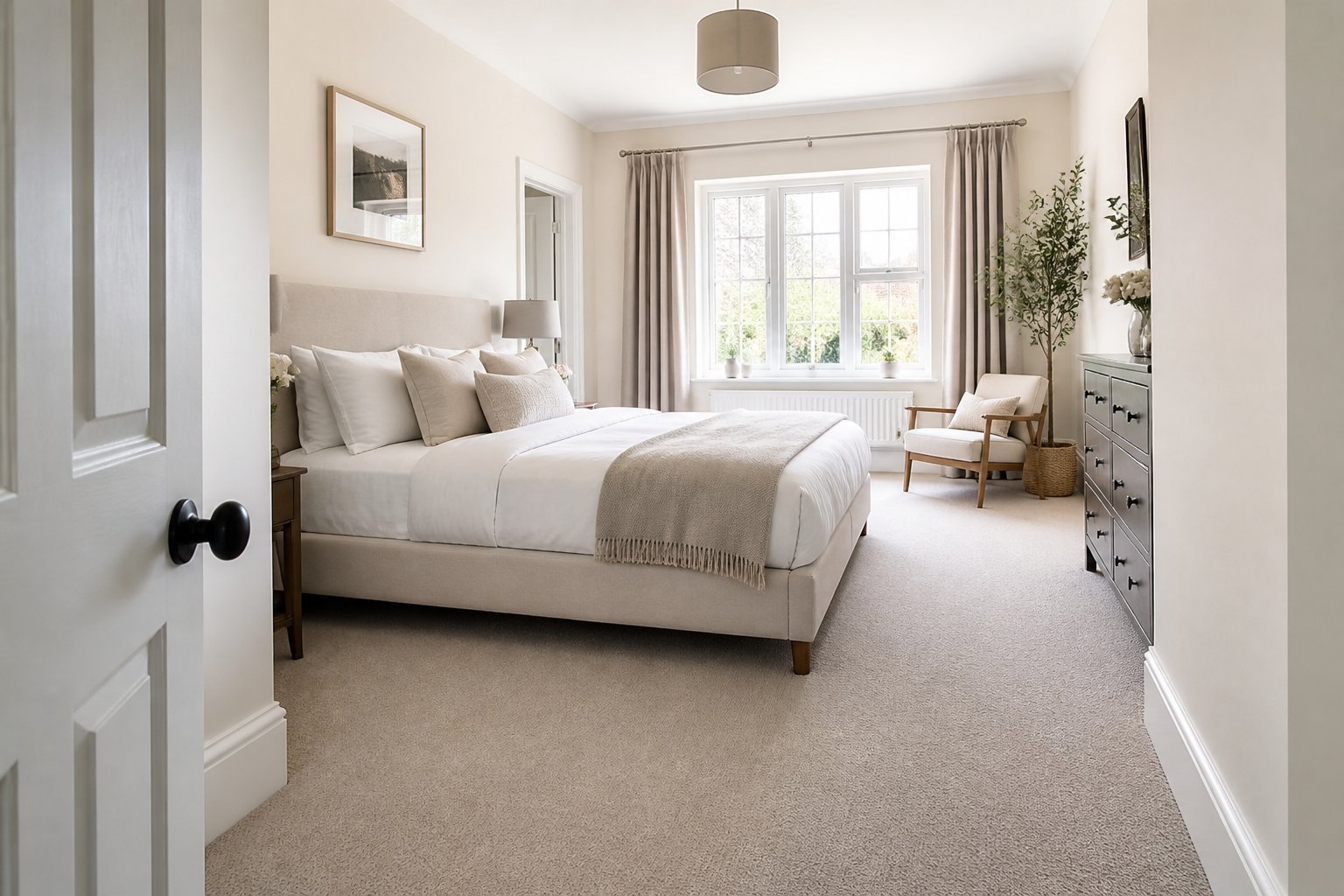Bright bedroom with soft neutral fitted carpet