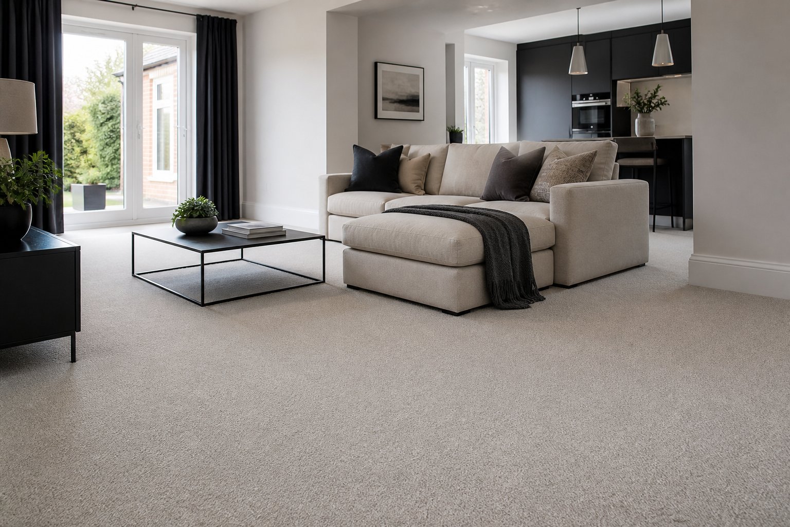 Modern residential lounge with fitted oatmeal carpet