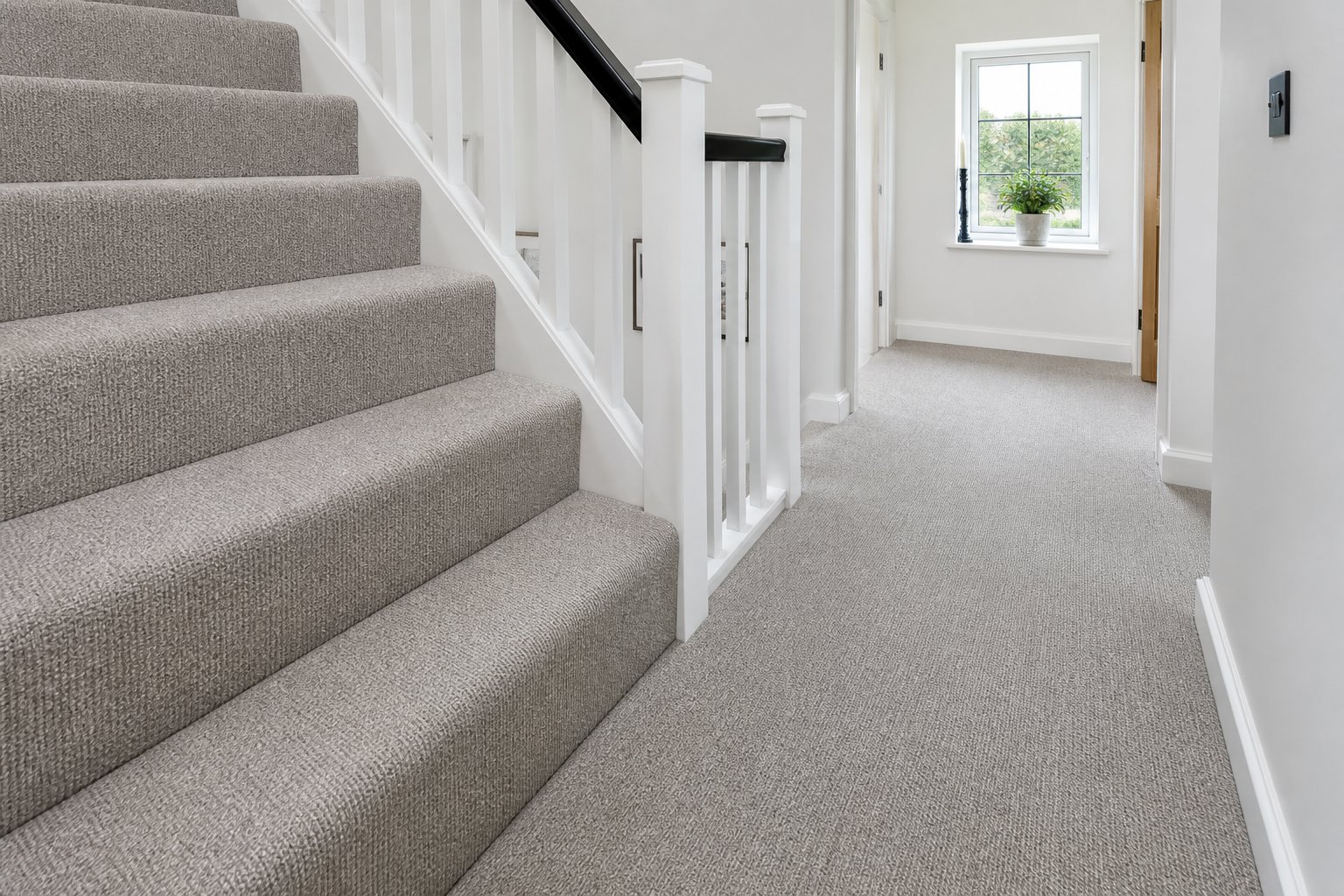 Stairs and landing fully fitted with textured carpet