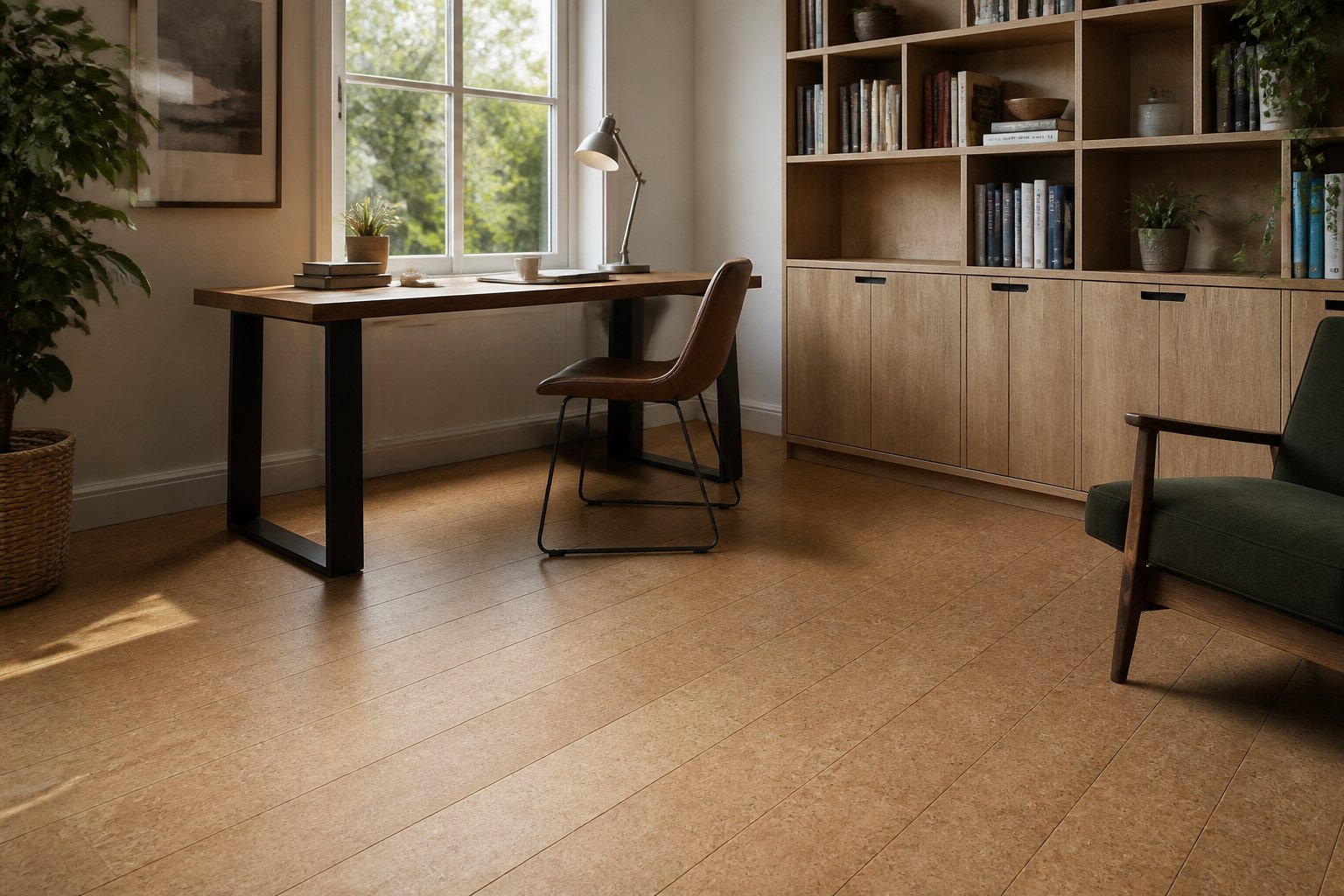 Straight-laid cork flooring in a home study