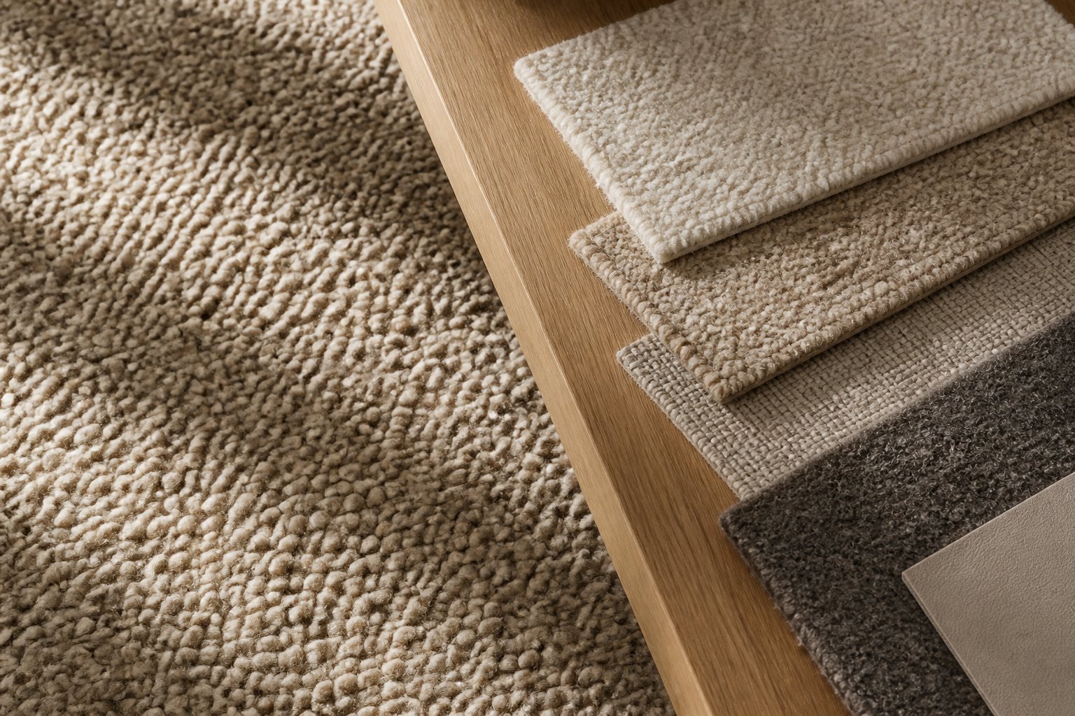 Neutral flooring samples showing different fibres and textures