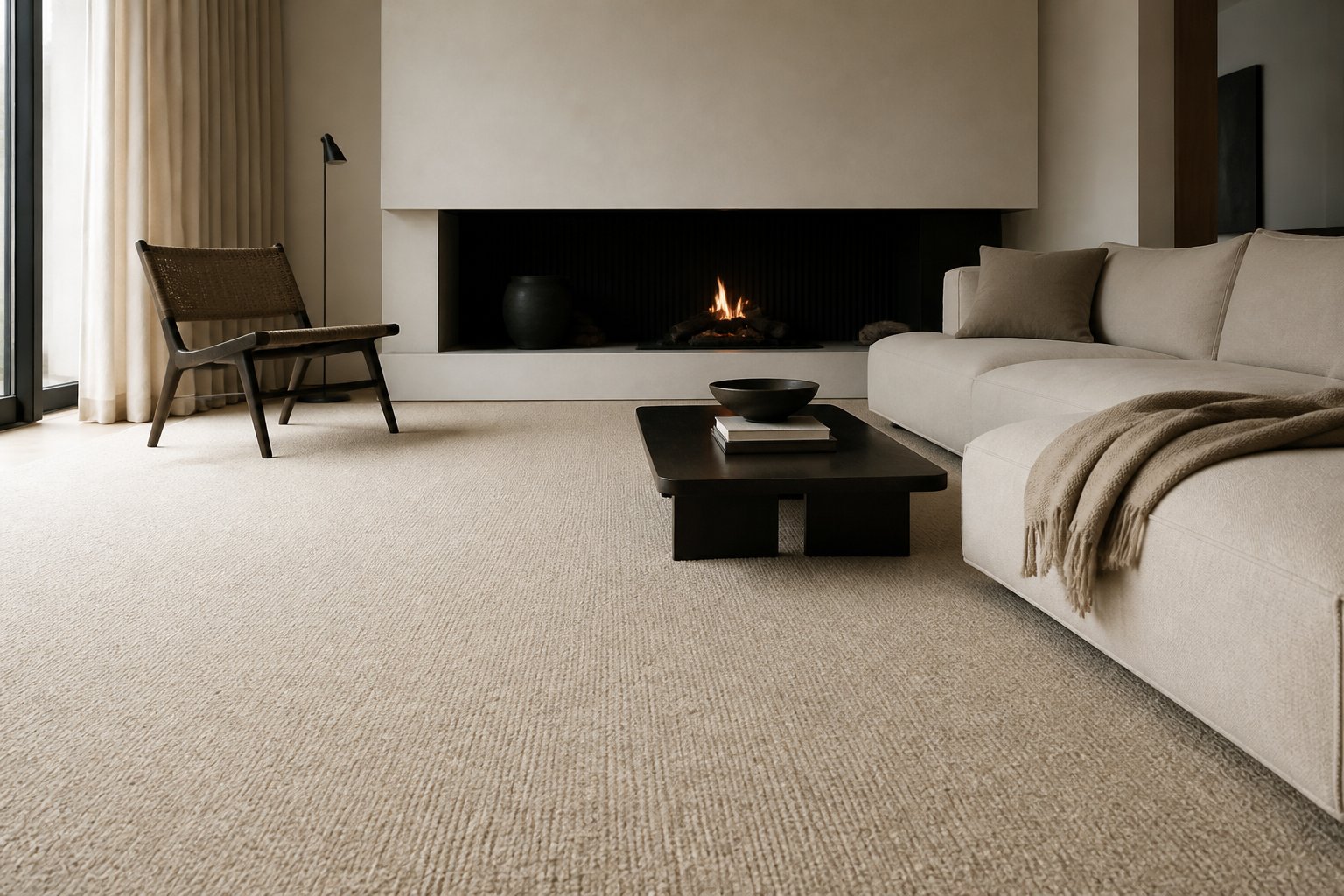 Contemporary living room with natural wool carpet