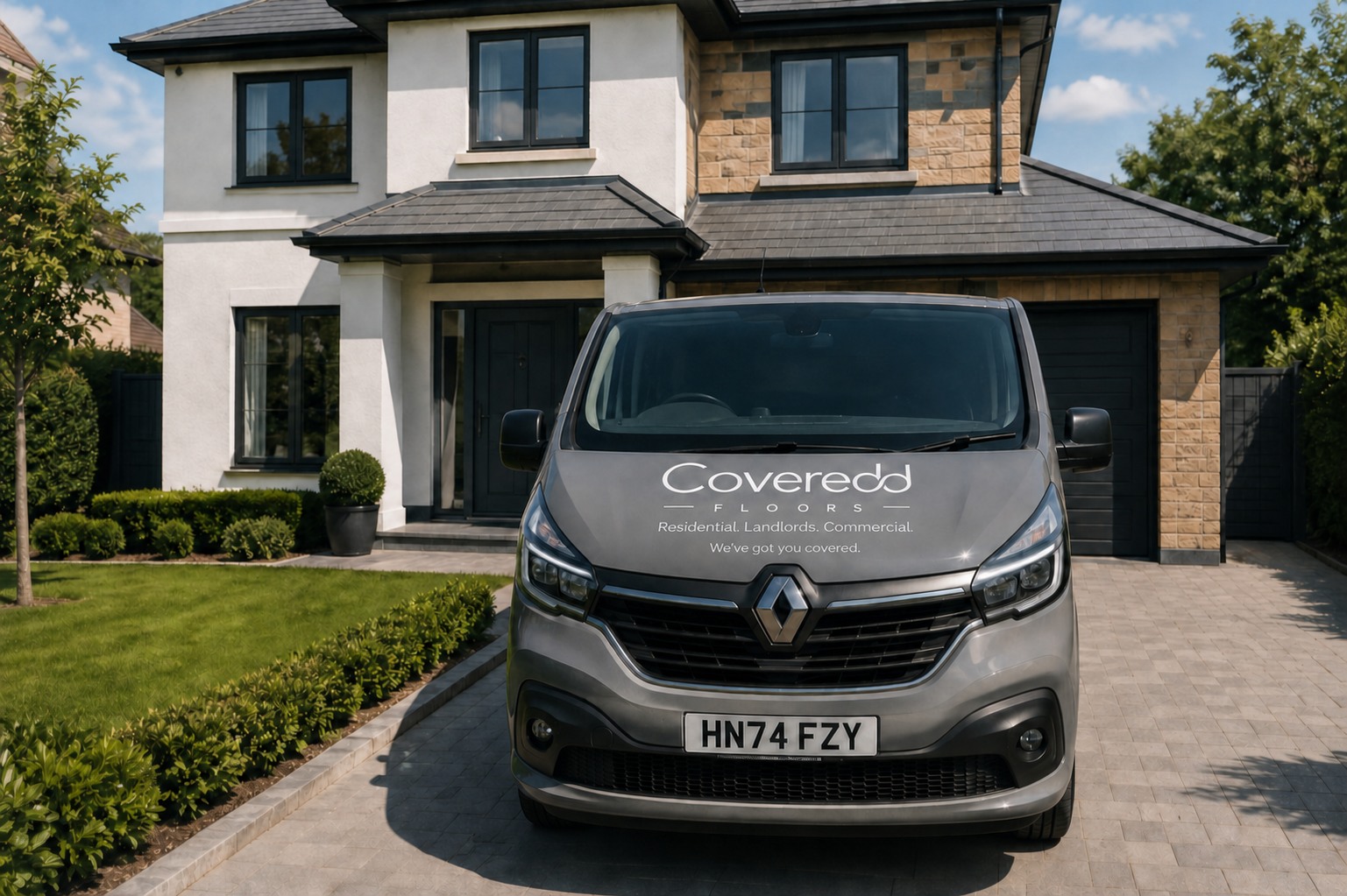 Coveredd Floors van outside a residential home