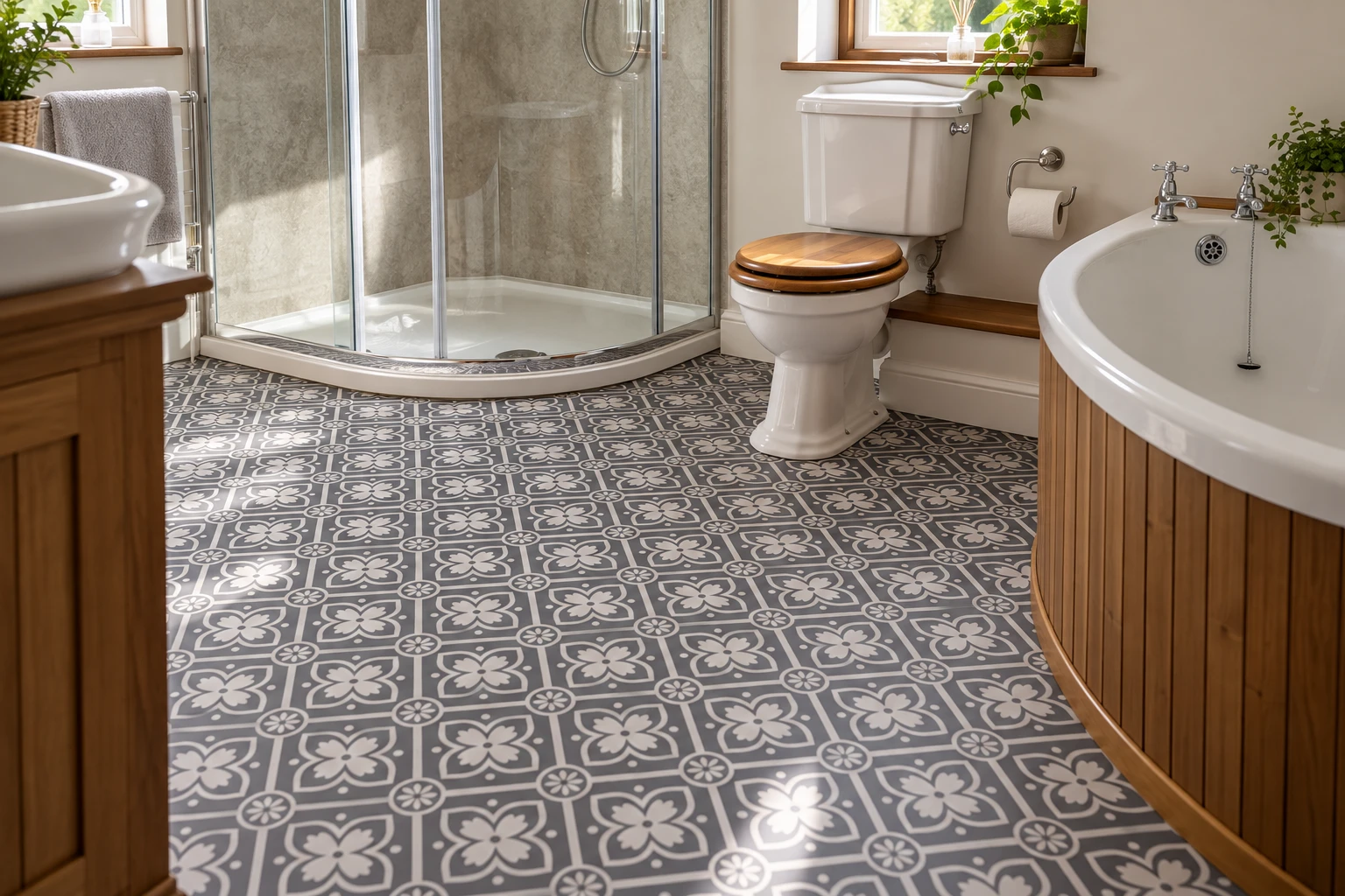 Patterned vinyl floor fitted in a bathroom