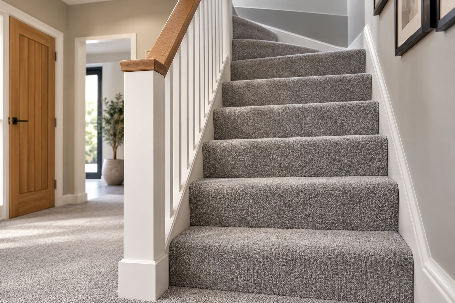 Grey carpet fitted to a staircase with white spindles and an oak handrail